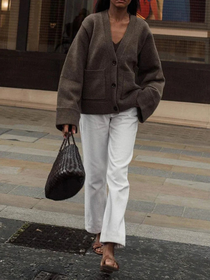 Autumn Women's Cropped Cardigans V-neck Knitted Sweater Coat Long Sleeve