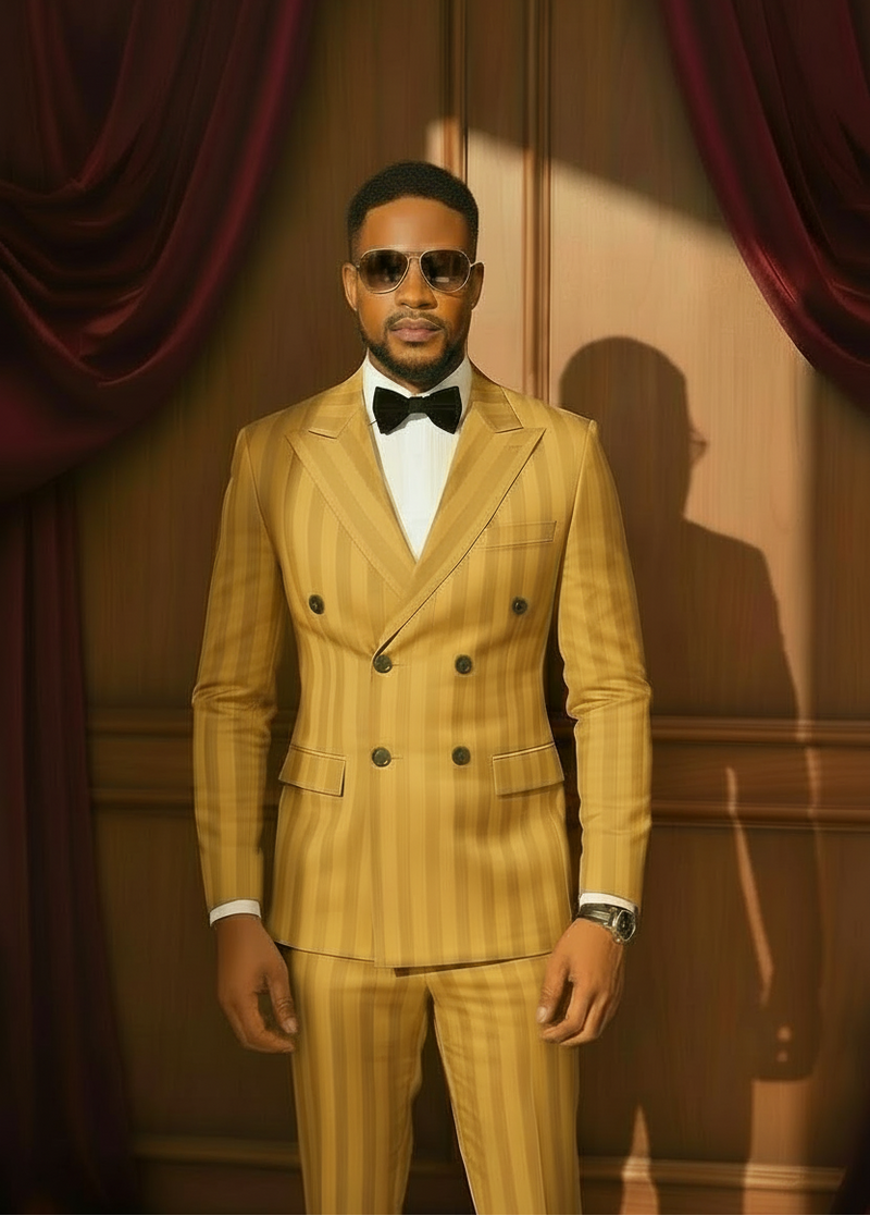 Gold Jacquard 2-Piece Suit - Men's Double Breasted