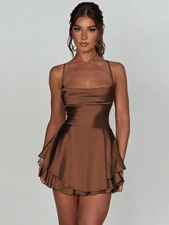 Brown Satin Slip Dress - Styled View | ARINZE