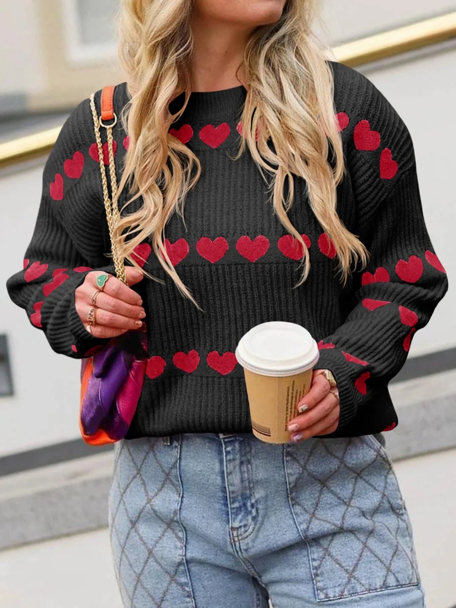 Women's Fall Winter Valentine Heart Striped Sweater