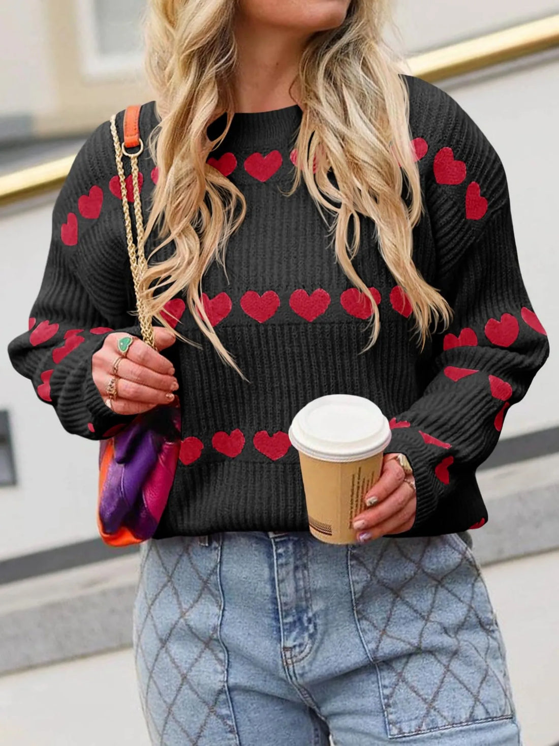 Women's Fall Winter Valentine Heart Striped Sweater
