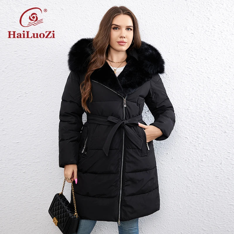 New Plus Size Winter Down Jacket for Women Long Cotton With Fur Belt Lapel Coat