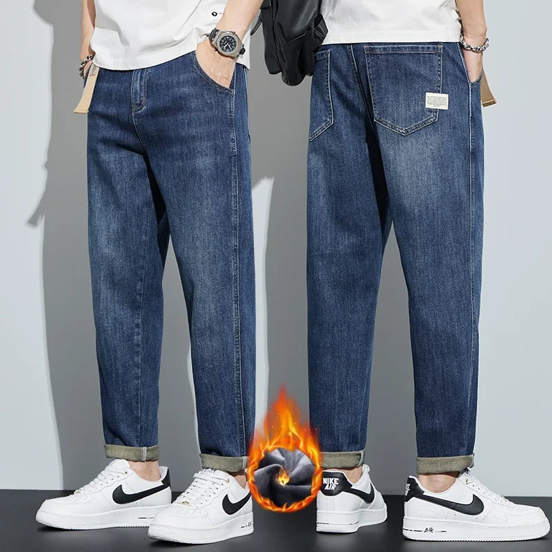 Winter Dark Blue Fleece Jeans for Men
