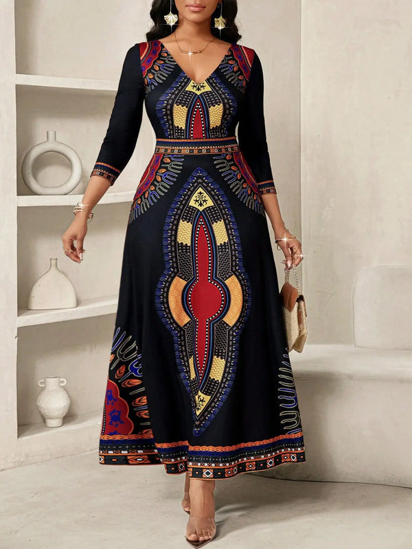 African Print V-Neck Maxi Dress - Front View | ARINZE