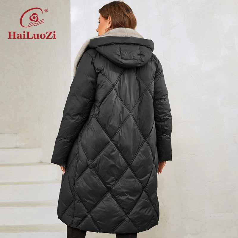 HaiLuoZi 2023 New Women's Winter Jackets Plus Size Long Warm Parkas Elegent Hooded With Fur Classic Quilted Coats Women1165