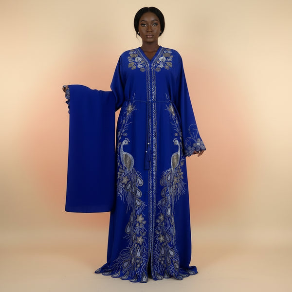 Royal Blue peacock embroidered boubou kaftan with matching shawl, worn by a model