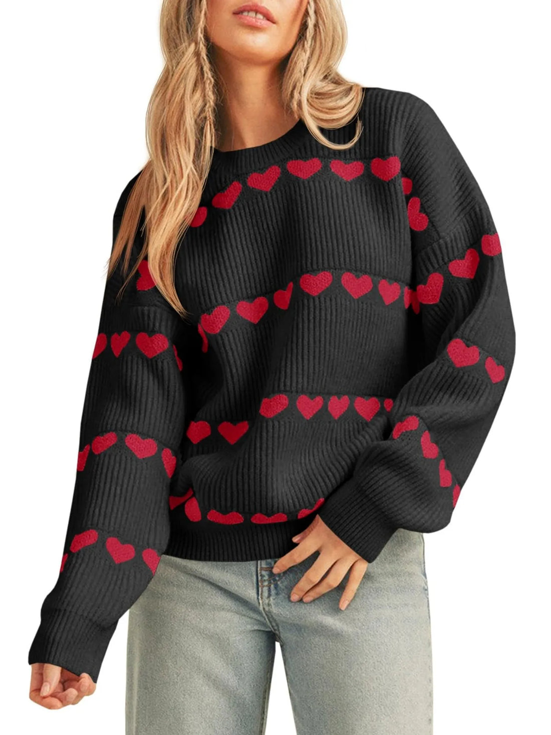 Women's Fall Winter Valentine Heart Striped Sweater
