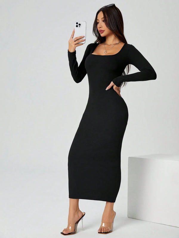 Ribbed Knit Bodycon Midi — Petite V-Neck Dress - View 5 | ARINZE