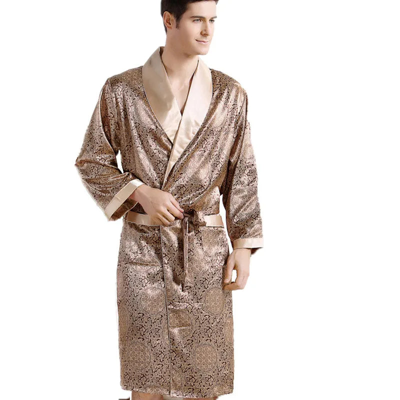 Men Silk long-sleeved Bathrobe Big Size 5XL kimono Home Bath Gown