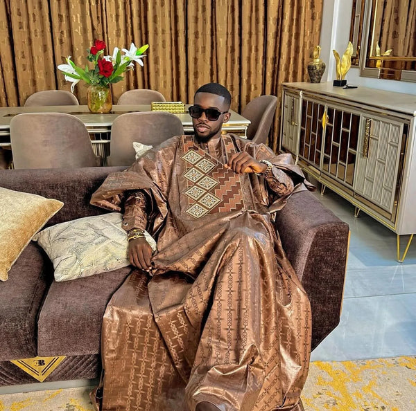 Men's Grand Bazin Agbada – Brown 3-Piece