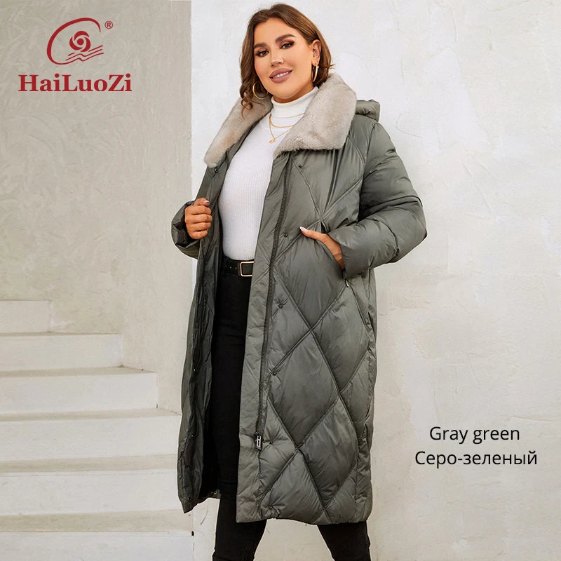 HaiLuoZi 2023 New Women's Winter Jackets Plus Size Long Warm Parkas Elegent Hooded With Fur Classic Quilted Coats Women1165