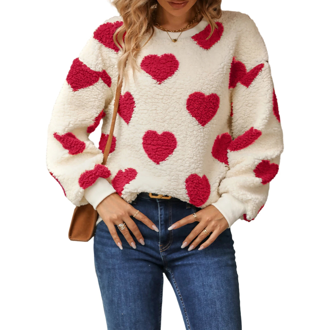 Women Sweatshirt Long Sleeve Crew Neck Furry Heart Hoodie Pullover Fall Casual Tops