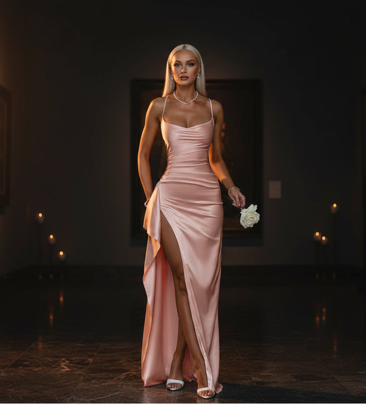 Pink Satin Slip Dress - High Slit Evening Wear