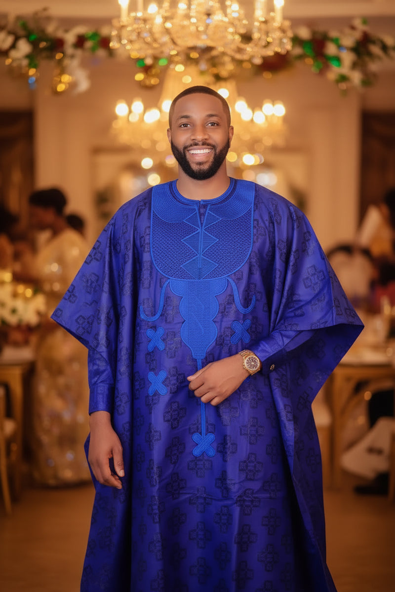 African Agbada Set - Blue Embroidered 3-Piece