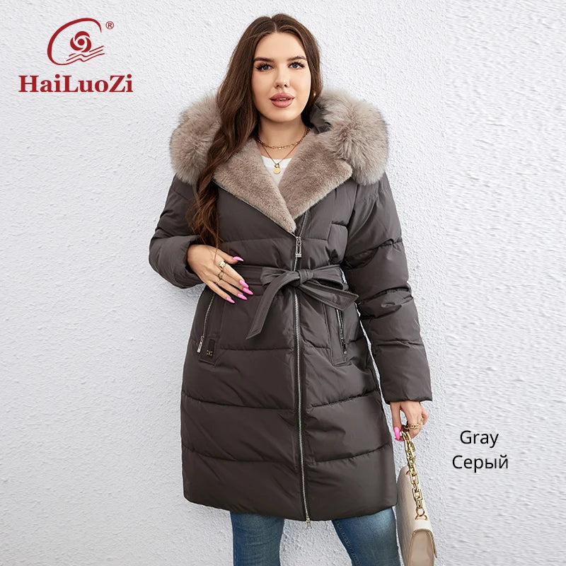 New Plus Size Winter Down Jacket for Women Long Cotton With Fur Belt Lapel Coat