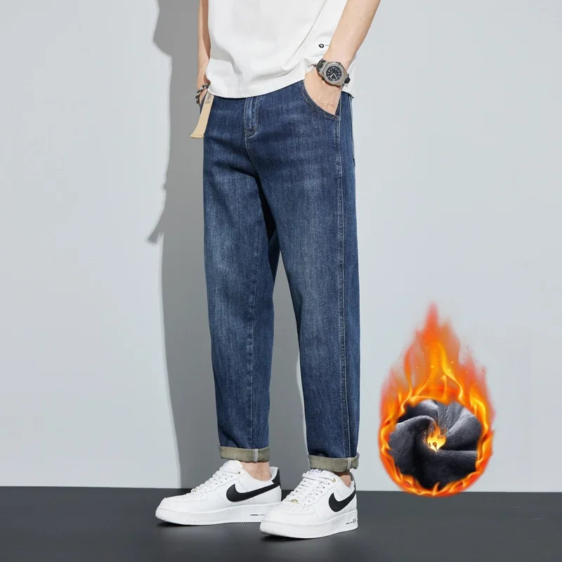 Winter Dark Blue Fleece Jeans for Men