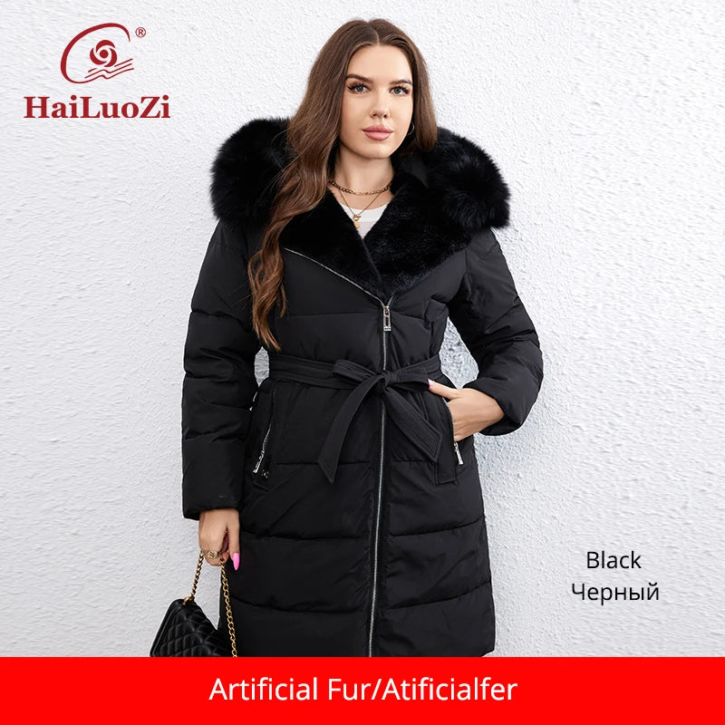 New Plus Size Winter Down Jacket for Women Long Cotton With Fur Belt Lapel Coat