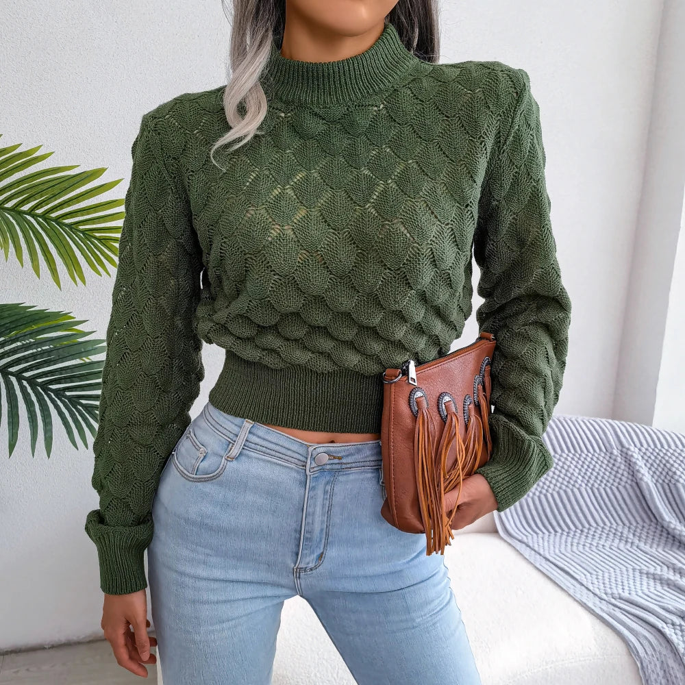 2025 Autumn Winter Women Casual Hollow Out Long Sleeve Crop Top