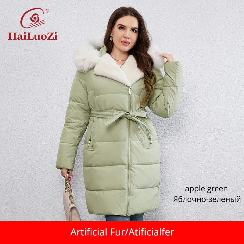 New Plus Size Winter Down Jacket for Women Long Cotton With Fur Belt Lapel Coat