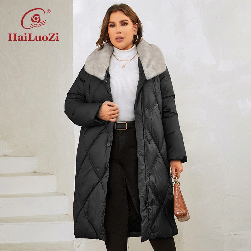 HaiLuoZi 2023 New Women's Winter Jackets Plus Size Long Warm Parkas Elegent Hooded With Fur Classic Quilted Coats Women1165