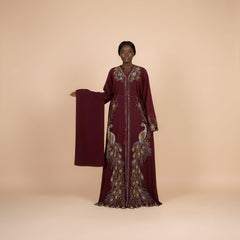 Wine peacock embroidered boubou kaftan with matching shawl, worn by a model