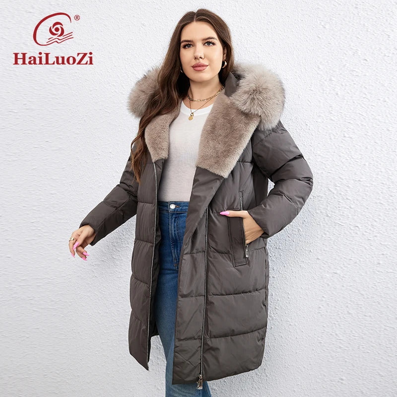 New Plus Size Winter Down Jacket for Women Long Cotton With Fur Belt Lapel Coat