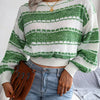Winter Striped Sweater Colorblock Tie Waist Cropped Pullover Long Sleeve