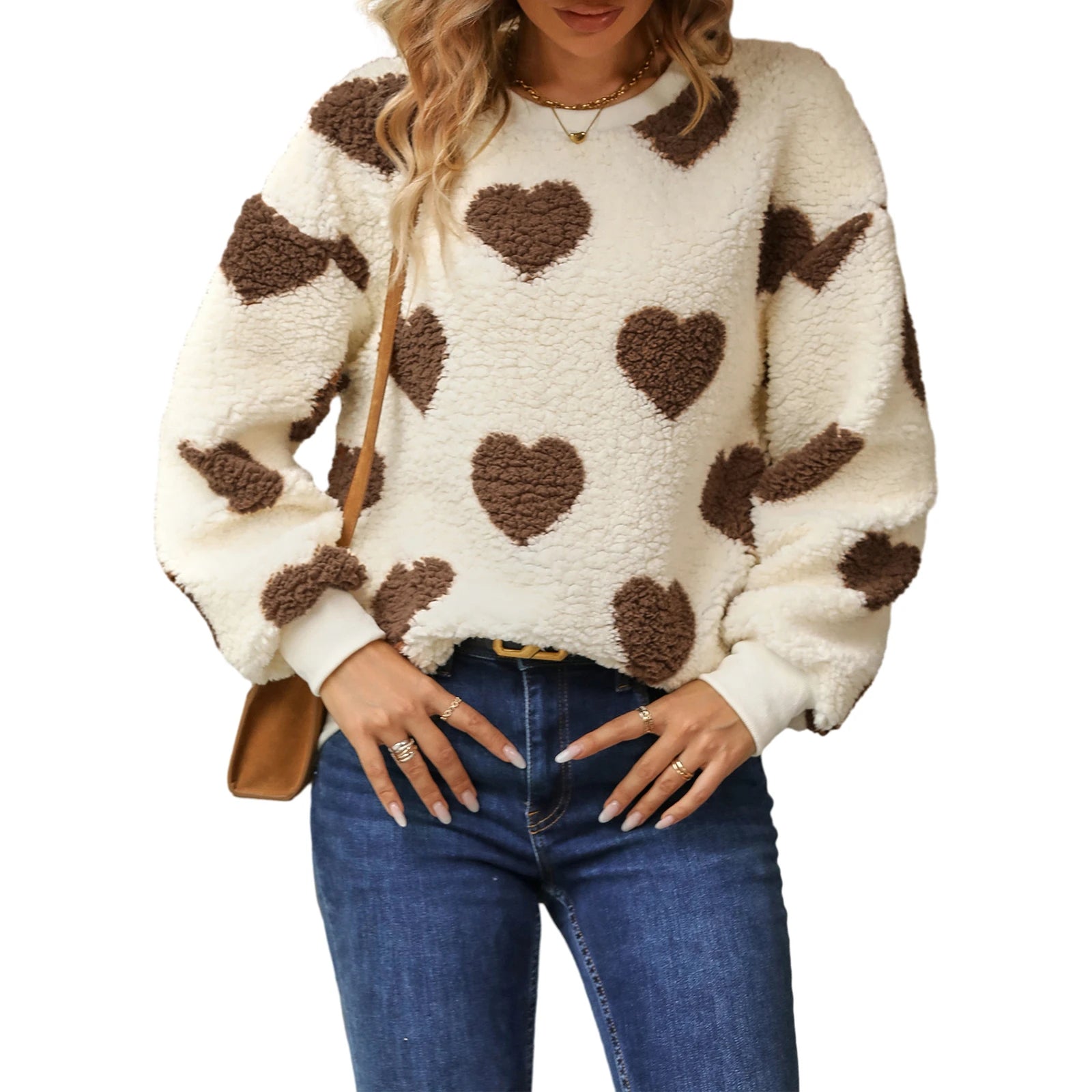 Women Sweatshirt Long Sleeve Crew Neck Furry Heart Hoodie Pullover Fall Casual Tops