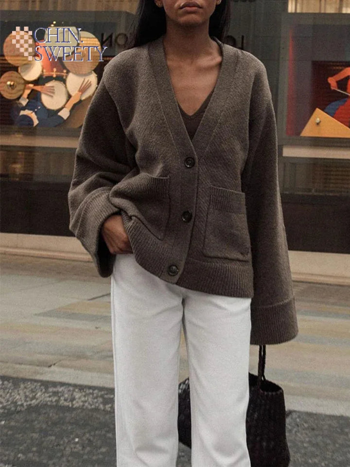 Autumn Women's Cropped Cardigans V-neck Knitted Sweater Coat Long Sleeve