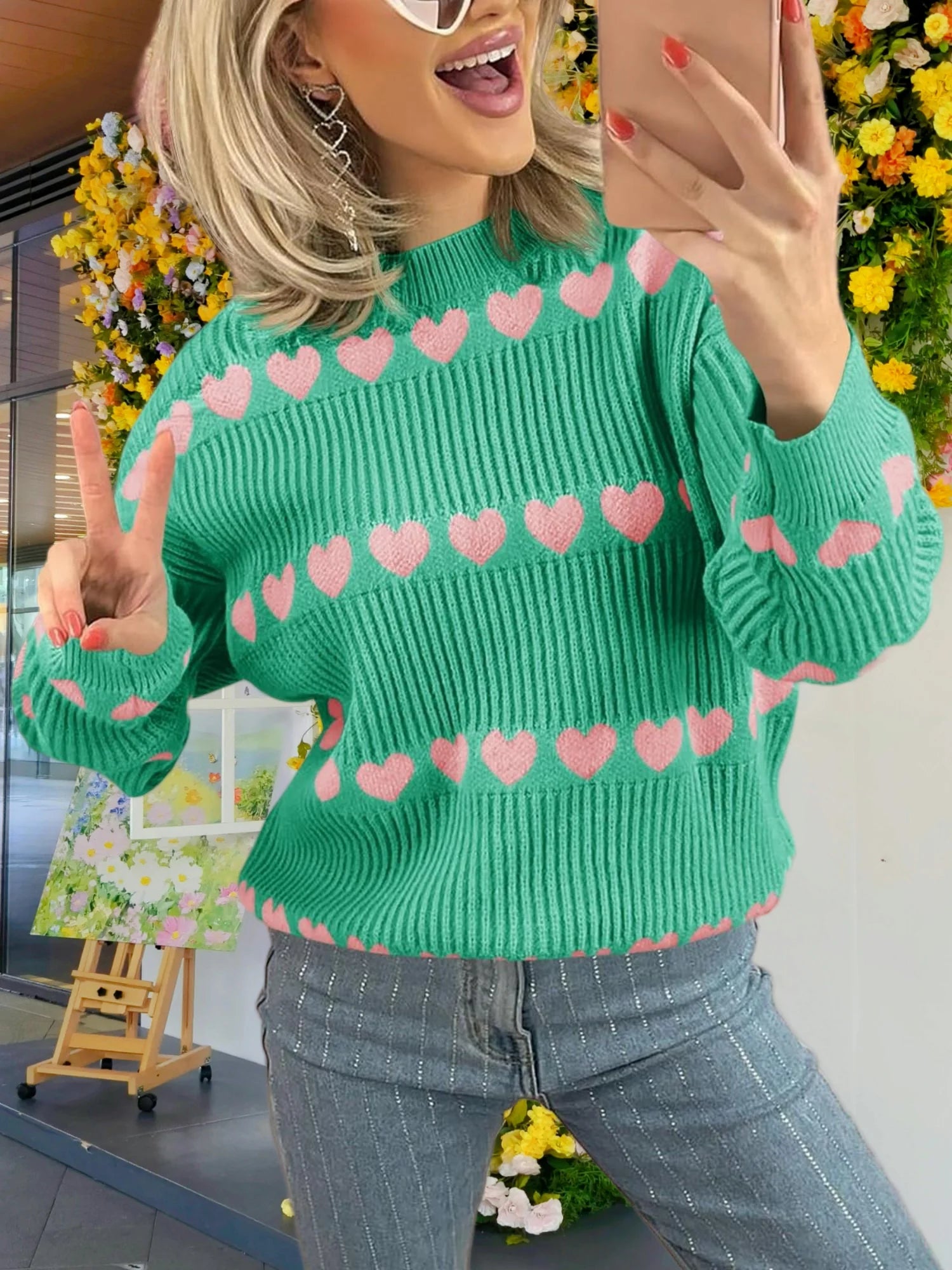 Women's Fall Winter Valentine Heart Striped Sweater