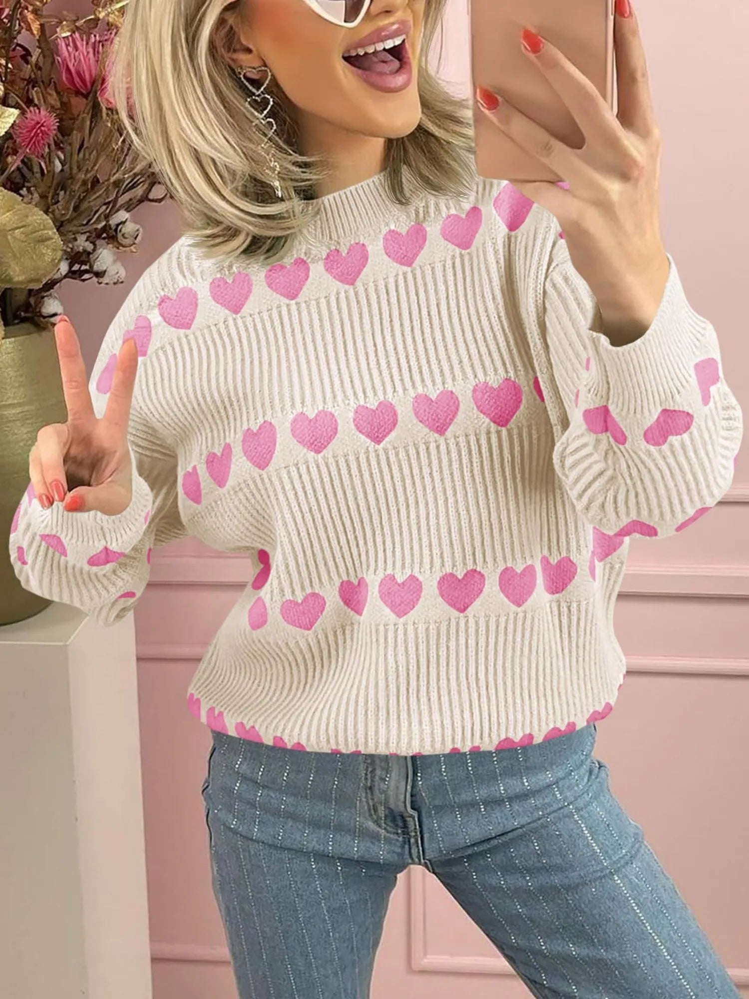 Women's Fall Winter Valentine Heart Striped Sweater