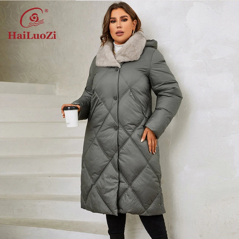 HaiLuoZi 2023 New Women's Winter Jackets Plus Size Long Warm Parkas Elegent Hooded With Fur Classic Quilted Coats Women1165