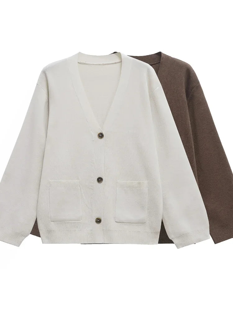 Autumn Women's Cropped Cardigans V-neck Knitted Sweater Coat Long Sleeve
