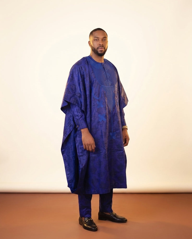 African Agbada Set - Blue Embroidered 3-Piece