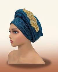 Gold Medallion Auto Gele - Pre-Tied Turban Headwrap in Cyan