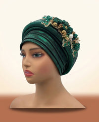 Bouquet Turban Auto Gele - Pre-Tied African Headwrap in Dark Green