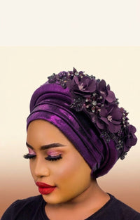 Floral Bouquet Auto Gele - Pre-Tied African Headwrap in Purple