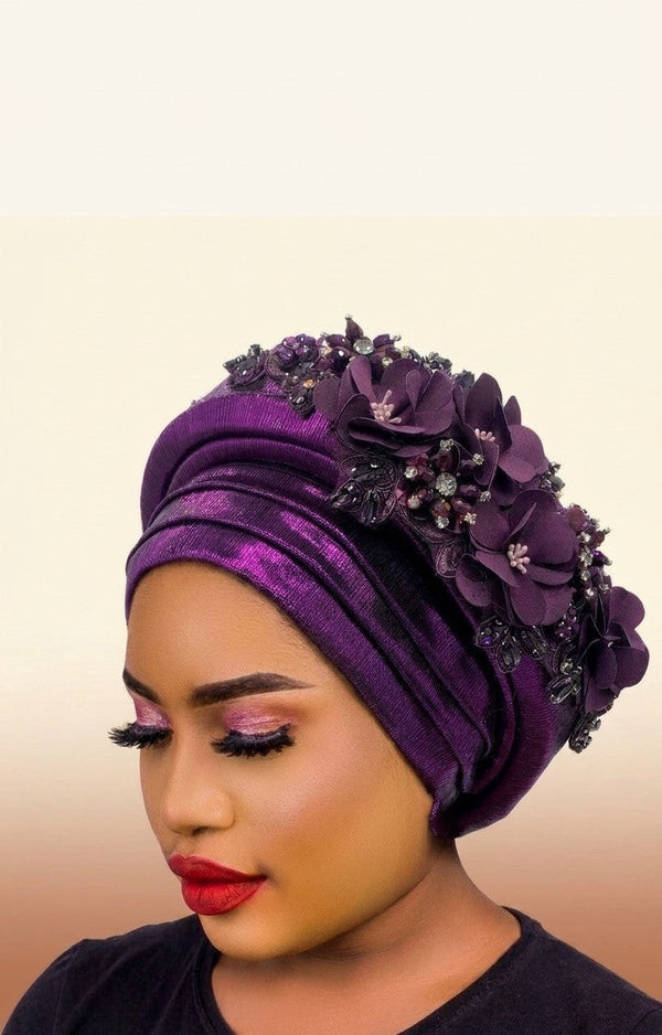 Floral Bouquet Auto Gele - Pre-Tied African Headwrap in Purple