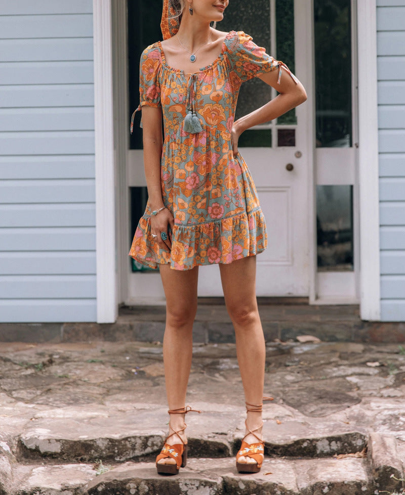 Tassel Short Sleeve Scoop Above Knee Regular Womens Dress