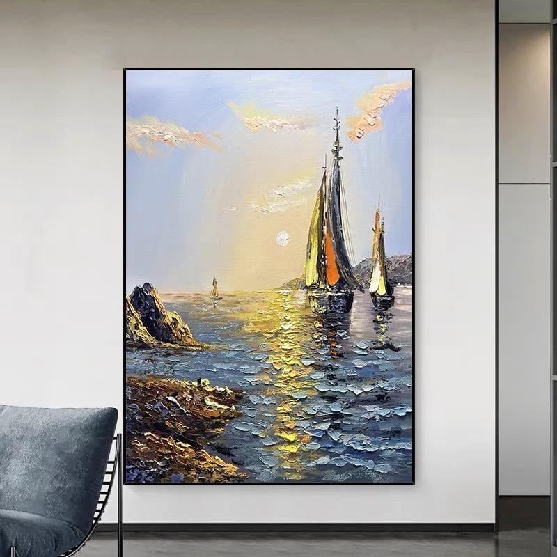 Sea Boat Handmade Painting Artwork Oil Paintings Living Room Canvas