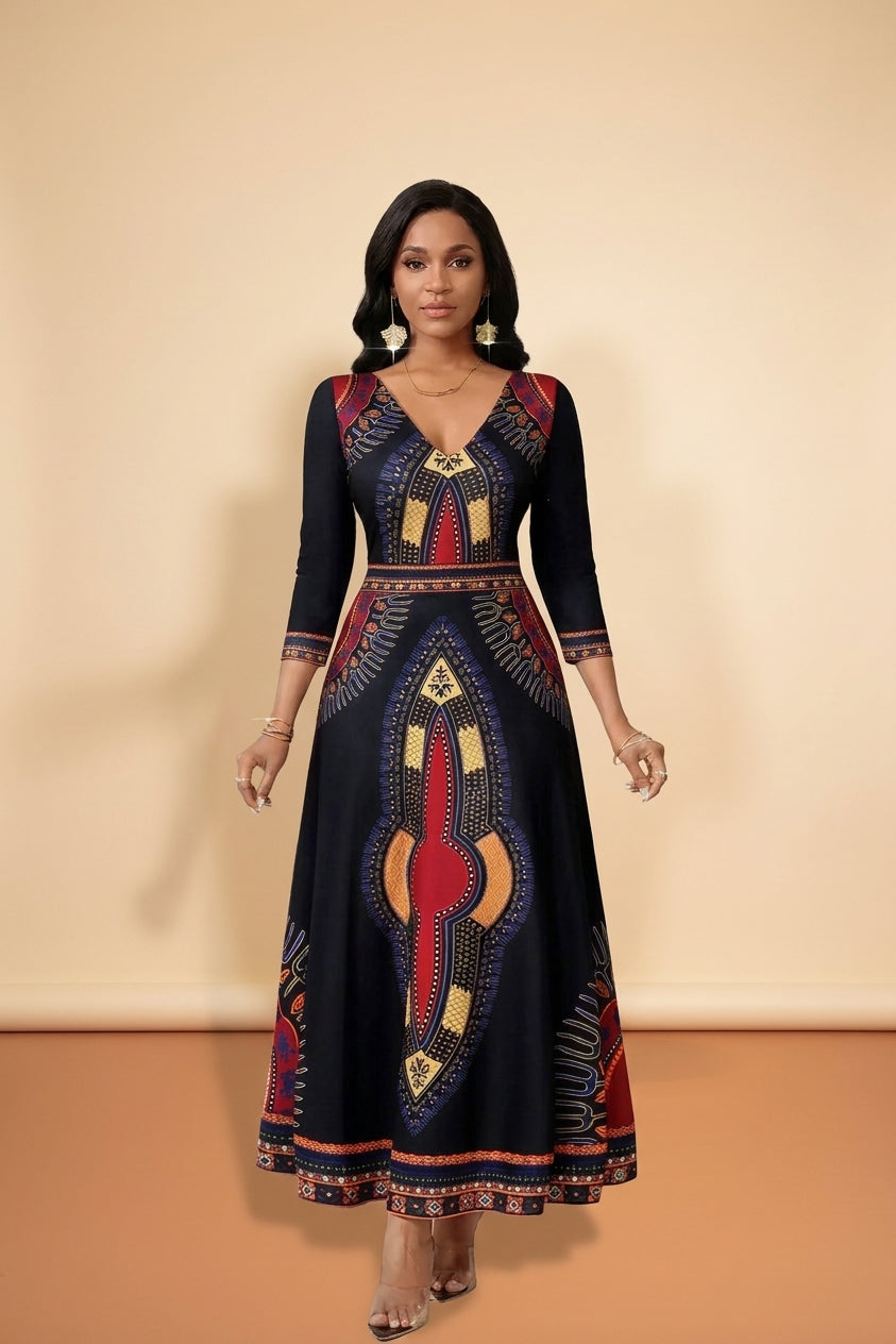 African Print V-Neck Maxi Dress - Bold Statement - view 2