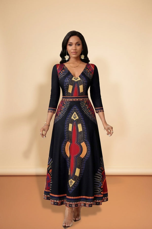 African Print V-Neck Maxi Dress - Bold Statement - view 2