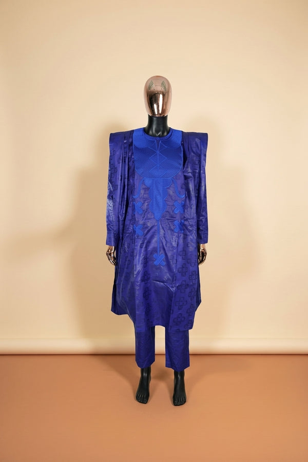 African Agbada Set - Blue Embroidered 3-Piece
