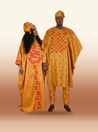 African Agbada Set - Yellow Embroidered Couple