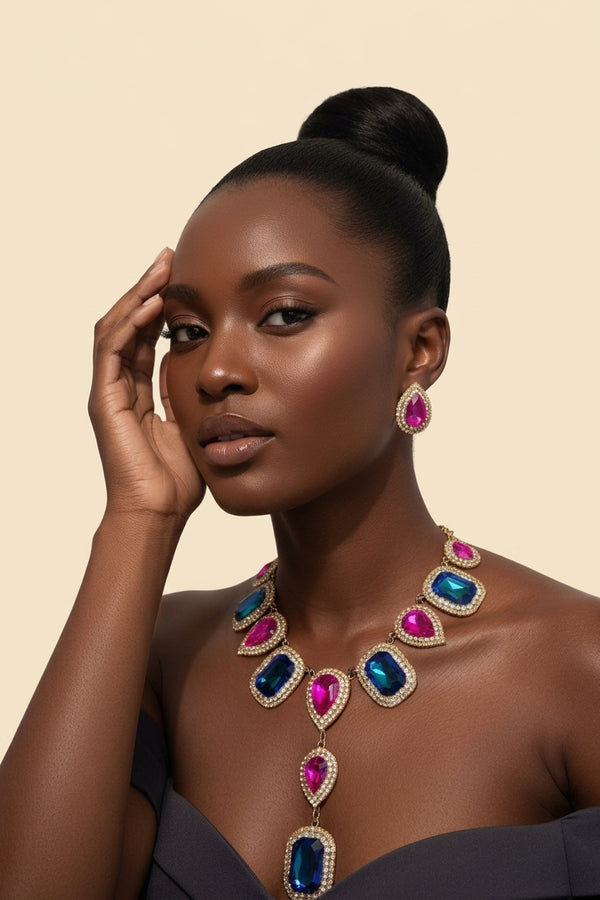 Teardrop Crystal Necklace Set - Statement Bridal in Gold Set