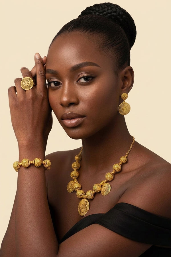 African Gold Bead Jewelry - Party Statement Set in Gold 1