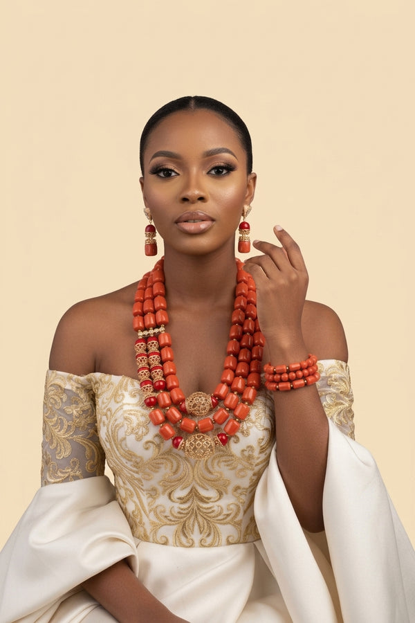 Nigerian Coral Bead Necklace Set - Classic Bridal in Coral 1