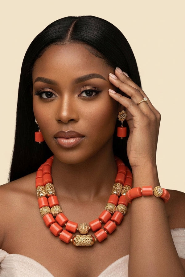 Dubai African Bead Jewelry Set - Gold Wedding in Coral 1