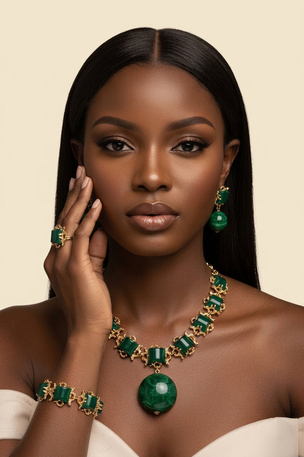 Coral Bead Jewelry Set - African Bridal Classic in Green