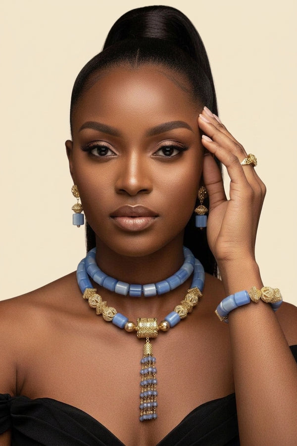 African Heritage Bead Jewelry - Gold Statement Set in Blue